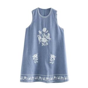 Aachoae Embroidery Dress Women O Neck Vitnage Mini Casual Dresses 2020 Summer Sleeveless Loose Short Dress Vestidos Mujer