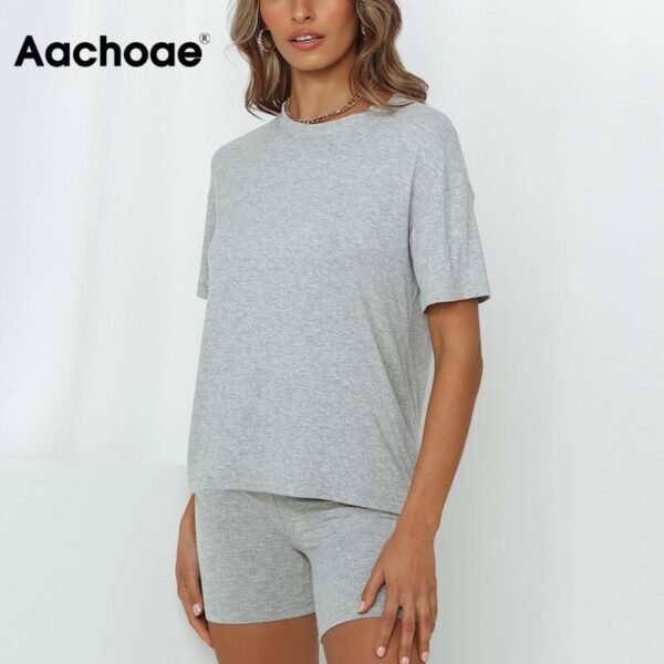 Aachoae Solid 2 Piece Set Women Summer Batwing Sleeve Casual Sports T Shirt+Bodycon Biker Shorts Set Tracksuit Sportswear Suit
