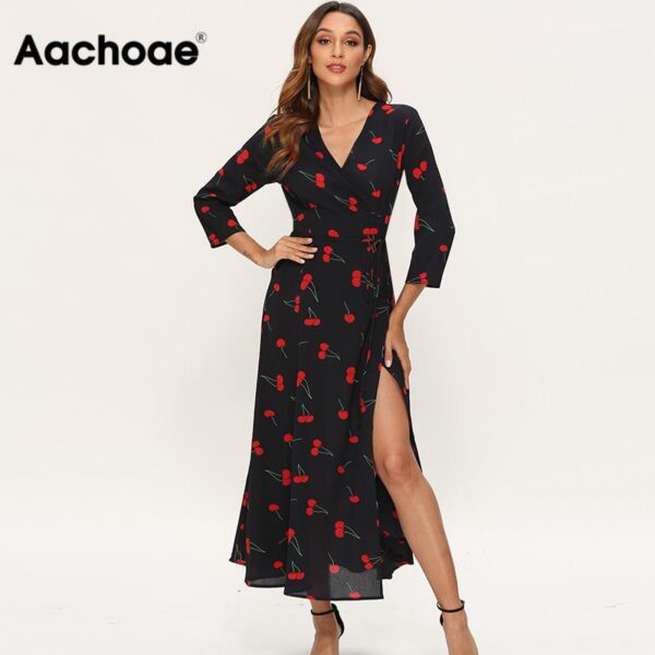 Aachoae Elegant Dresses Women Three Quarter Sleeve Cherry Print Long Dress Boho Split V Neck Casual Maxi Dress Vestidos Largos
