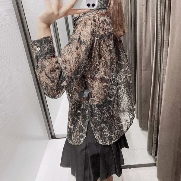 Aachoae Leopard Print Lace Blouse See Through Top Women Shirt Long Sleeve Turn Down Neck Blouse Casual Loose Pockets Mesh Shirts
