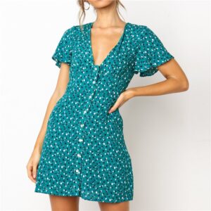 Aachoae Sexy Mini Dresses Women Printed Short Sleeve Party Dress 2020 Summer Deep V Neck Buttons Pockets Beach Dress Vestidos