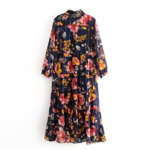 Aachoae Floral Print Boho Chiffon Dress Women Turn Down Collar Loose Shirt Dress Long Sleeve Pleated Beach Dresses Lady Vestido