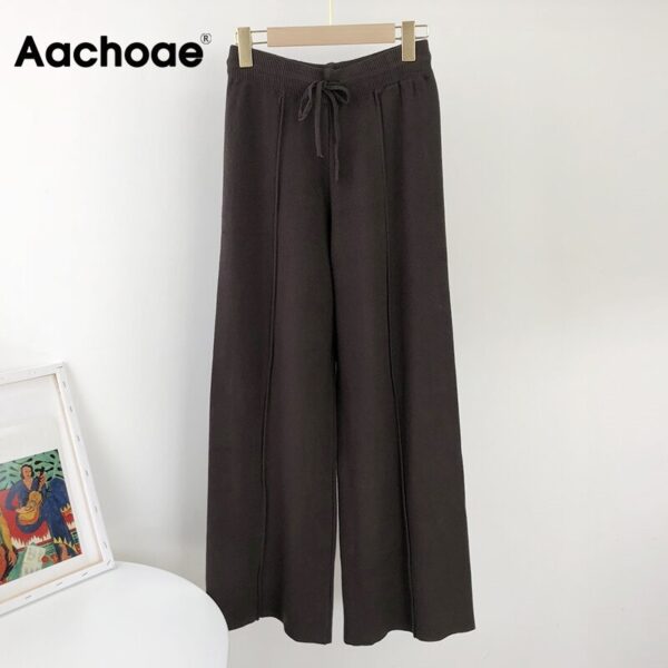 Aachoae Solid Knitted Wide Leg Pants Women Drawsrting Pleated Loose Home Style Pants Lady High Waist Casual Office Trousers