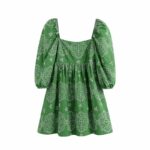 Aachoae-Chic-Floral-Embroidery-Mini-Dress-Women-Vintage-Puff-Sleeve-Green-Pleated-Dress-Female-Square-Collar-Casual-Dresses