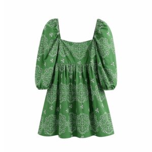 Aachoae Chic Floral Embroidery Mini Dress Women Vintage Puff Sleeve Green Pleated Dress Female Square Collar Casual Dresses