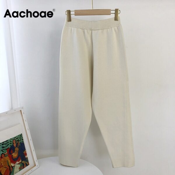 Aachoae Women Solid Elastic Waist Knitted Pants With Pockets 2020 Fashion Casual Long Trousers Female Autumn Winter Casual Pants