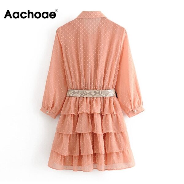 Aachoae Pink Color Dot Embroidery Chic Chiffon Dress Bow Tie Collar Bandage Bud Dresses Lady See Through Sleeve Mini Dress Women