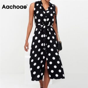 Aachoae Long Dress Women Sexy Summer Polka Dot Beach Dresses Boho Style Casual Party Turn Down Collar Office Shirt Dress Vestido