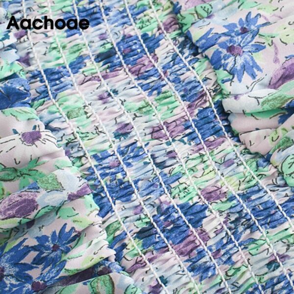 Aachoae Women Sweet V Neck Floral Print Bodysuit Puff Short Sleeve Pleated Jumpsuit Female Vintage Ladies Rumper Playsuit