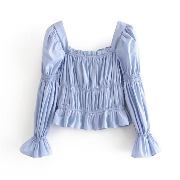 Aachoae 2020 Solid Ruffle Blouse Women Puff Long Sleeve Pleated Shirt Ladies Square Collar Chic Blue Crop Tops Blusas De Mujer