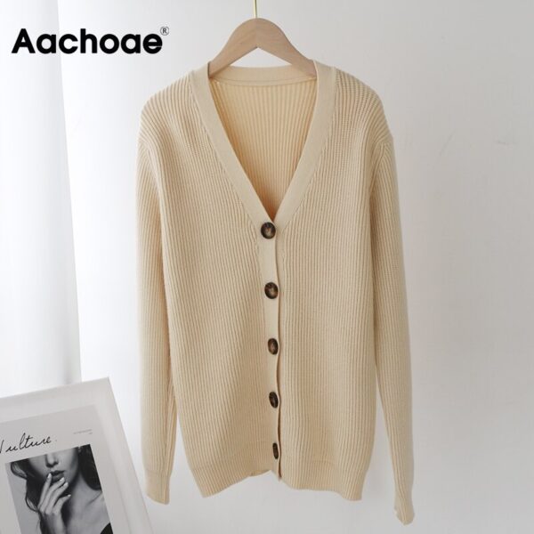 Aachoae Women Elegant V Neck Solid Cardigan 2020 Autumn Winter Casual Knitted Sweater Female Long Sleeve Single Breasted Coat