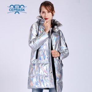 CEPRASK 2020 Winter Jacket Women Silver Holographic Glitter Plus Size Long Women's Winter Coat Hooded Thick Down Jacket Parka