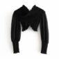 Aachoae Chiffon Black Cropped Blouse Women Sexy Crossover V Neck Stretchy Shirt Long Sleeve Off Shoulder Stylish Bodycon Top