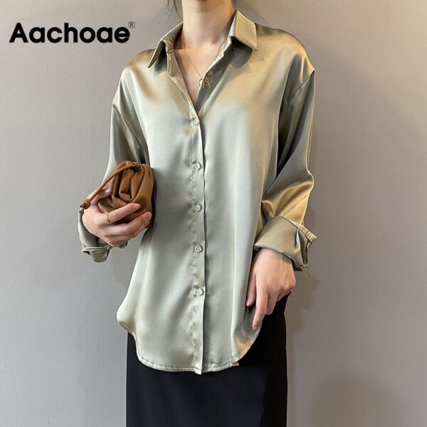 Aachoae Solid Elegant Blouse Women Turn Down Collar Casual Office Shirt Female Long Sleeve Korean Ladies Tops Blusas Mujer