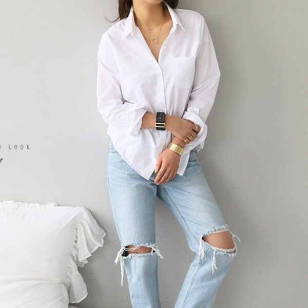 Aachoae Women Casual White Blouses Long Sleeve Office Shirts 2020 Turn Down Collar Solid Pocket Shirt Ladies Plus Size Tunic Top