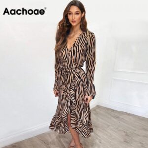 Aachoae Long Dresses 2020 Women Zebra Print Beach Bohemian Maxi Dress Casual Long Sleeve V Neck Ruffles Party Dress Vestidos