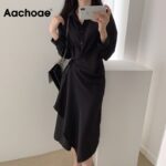 Aachoae-Solid-Elegant-Shirt-Dress-Women-Pleated-Stylish-Dress-Office-Wear-Midi-Dress-Turn-Down-Collar-Chic-Dresses-Ropa-De-Mujer