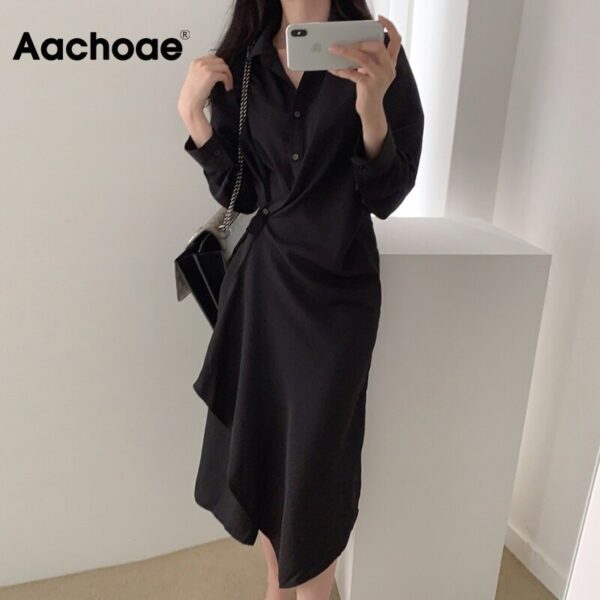 Aachoae Solid Elegant Shirt Dress Women Pleated Stylish Dress Office Wear Midi Dress Turn Down Collar Chic Dresses Ropa De Mujer