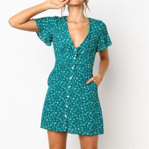 Aachoae Sexy Mini Dresses Women Printed Short Sleeve Party Dress 2020 Summer Deep V Neck Buttons Pockets Beach Dress Vestidos