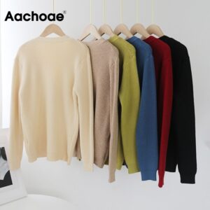 Aachoae Women Elegant V Neck Solid Cardigan 2020 Autumn Winter Casual Knitted Sweater Female Long Sleeve Single Breasted Coat
