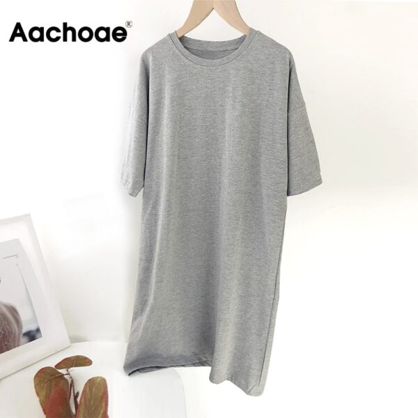 Aachoae Women Casual Loose Solid Cotton T Shirt Dress O Neck Oversize Mini Dress Batwing Short Sleeve Basic Dresses Vestidos