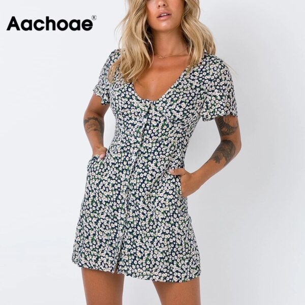 Aachoae Summer Floral Print Vintage Mini Dress Women Deep V Neck Boho Beach Dresses Female Short Sleeve Casual Button Dress