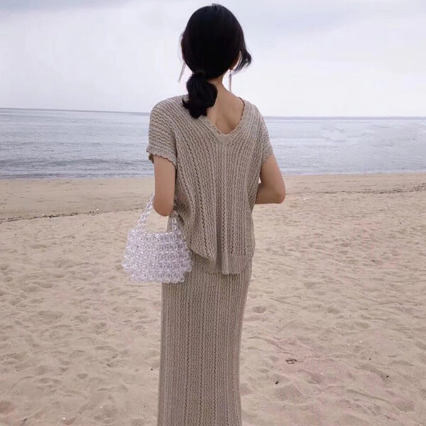 Aachoae Solid Knit Skirt Set Women V Neck Bawting Short Sleeve Loose Tops High Waist Straight Midi Skirt Sets Ensemble Femme