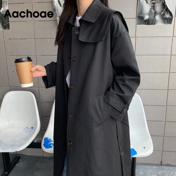 Aachoae Casual Trench Coat 2020 Long Windbreaker Women Korean Single Breasted Coat With Belt Solid Long Sleeve Pockets Outerwear