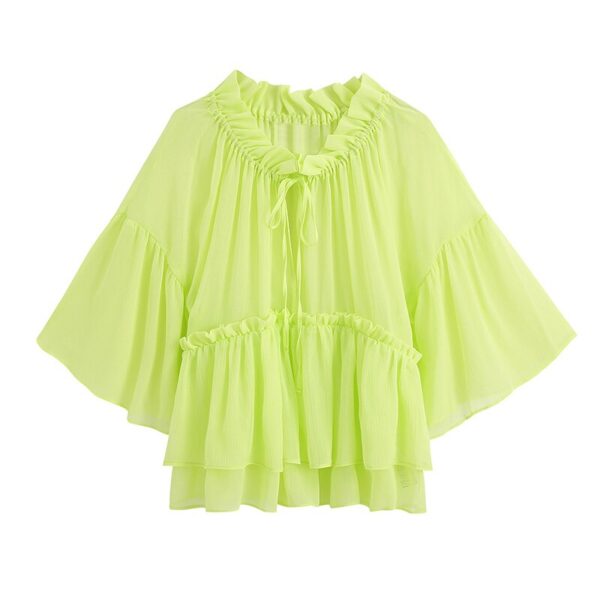 Aachoae Women Ruffled See Through Blouses Fashion Bow Tie Flare Sleeve Chiffon Blouse Solid Sweet Transparent Shirt Ladies Tops