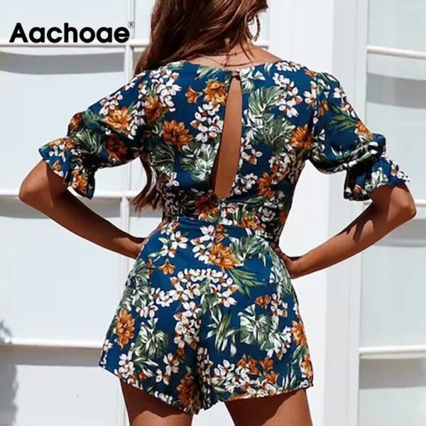 Aachoae Boho Style Floral Playsuit Women Summer 2020 Sexy Deep V Neck Beach Playsuits Back Hollow Out Holiday Romper Female