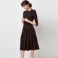 Aachoae Elegant A-line Pleated Dress Women Vintage Dot Print Office Midi Dresses Casual O Neck Three Quarter Sleeve Tunic Robe