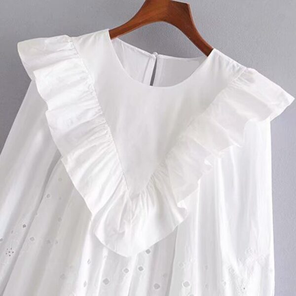 Aachoae Embroidery White Dress Ruffles O Neck Chic Mini Dress Women Summer Long Sleeve Hollow Out Loose Cotton Dress Vestido