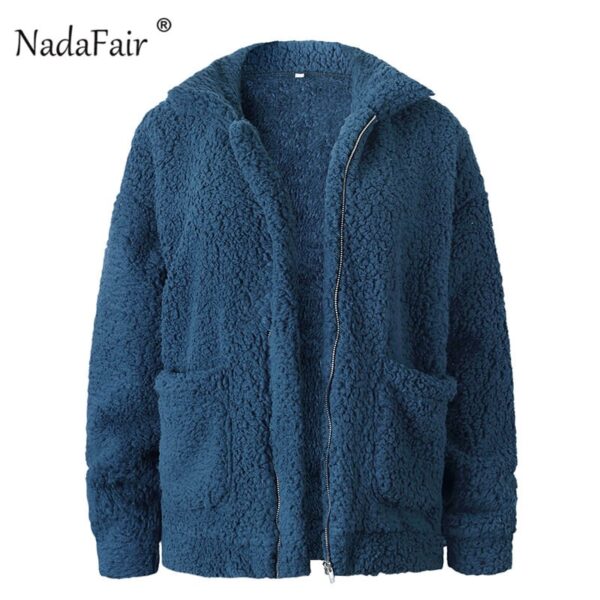 Nadafair Teddy Coat Women Fluffy Jacket Autumn Zipper Plush Thick Casual Plus Size Lamb Winter Faux Fur Coat Female Overcoat