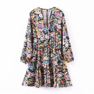 Aachoae Boho Styles Floral Mini Dress Women V Neck Hollow Out Beach Dresses Ladies Lantern Long Sleeve Female Pleated Dress 2020