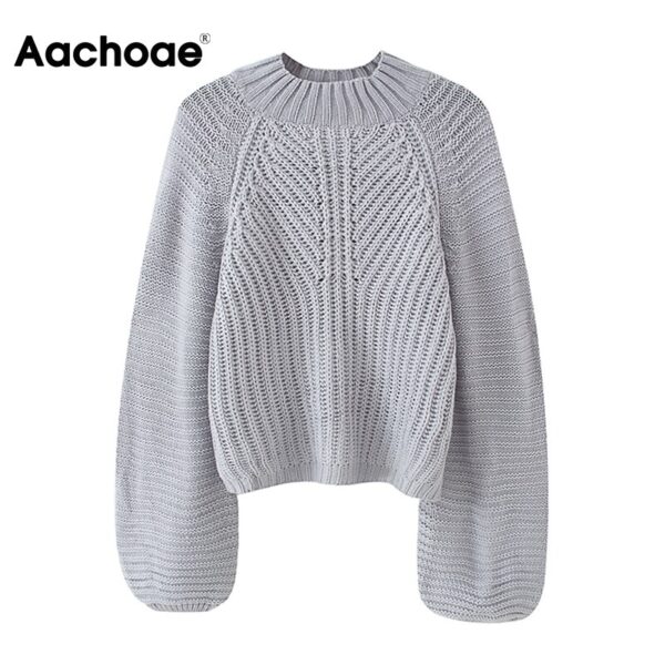 Aachoae 2020 Fashion Lantern Long Sleeve Gray Sweater Women Solid Stripe Knitted Sweaters Loose Stylish Lady Pullover Sweater