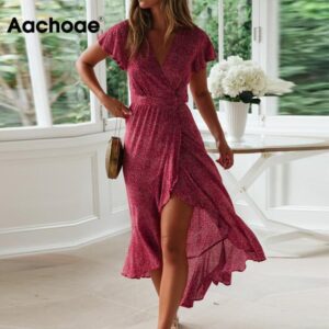 Aachoae Summer Beach Dress Women Floral Print Long Bohemian Dress Short Sleeve Boho Style Maxi Dress Ruffles Sundress Vestidos