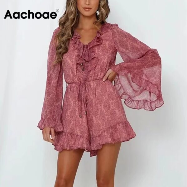 Aachoae Women Chic Summer Chiffon Bodysuit 2020 Ruffled Floral Print Boho Party Romper Jumpsuit Flare Long Sleeve Beach Playsuit
