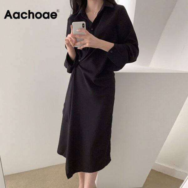 Aachoae Solid Elegant Shirt Dress Women Pleated Stylish Dress Office Wear Midi Dress Turn Down Collar Chic Dresses Ropa De Mujer
