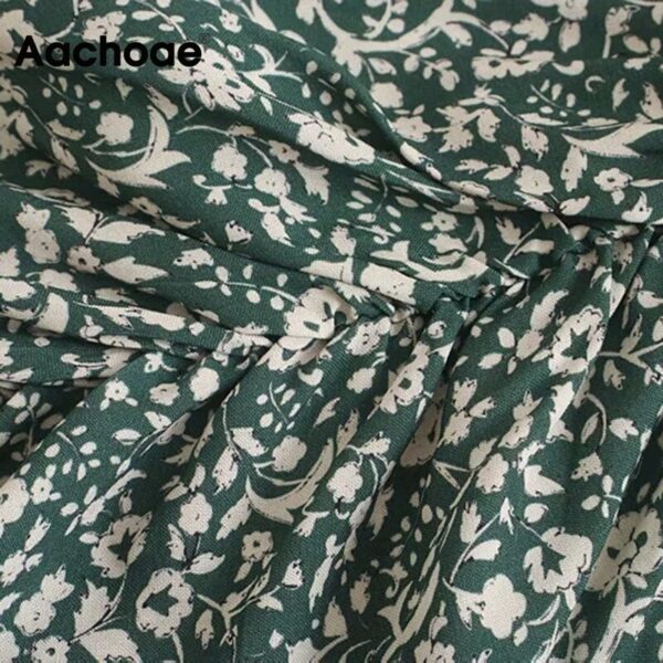 Aachoae 2020 Vintage Floral Print Midi Dress Women V Neck Chic Pleated Dress Ruffle Short Sleeve Party Dresses Robe Femme