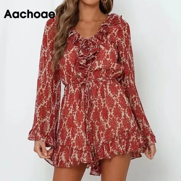 Aachoae Boho Floral Print Playsuit Women Summer 2020 Flare Long Sleeve Ruffle Party Bodysuit Chic V Neck Chiffon Beach Jumpsuit