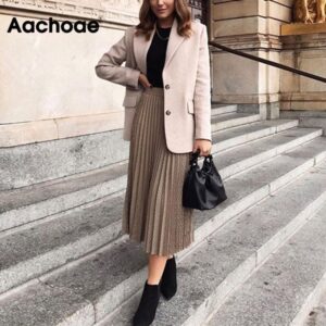 Aachoae Women Long Pleated Skirts 2020 New Spring Fashion Houndstooth Plaid Office Shirt Vintage Elegant Streetwear Midi Skirts