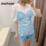 Aachoae-Fashion-Patchwork-Drawstring-Blouse-Top-Women-O-Neck-Sweet-Shirt-Female-Puff-Short-Sleeve-Stylish-Blouses-Summer-2020