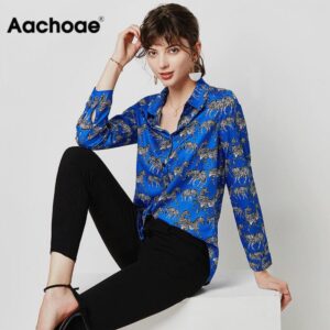 Aachoae Fashion Animal Zebra Print Women Blouses 2020 Loose Long Sleeve Blouse Shirt Turn Down Collar Ladies Tunic Tops Blusas