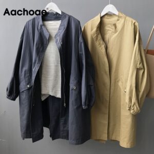 Aachoae Casual Solid Korean Trench Coat Women Loose Batwing Long Sleeve Jacket Female Zipper O Neck Oversize Trench Abrigo Mujer