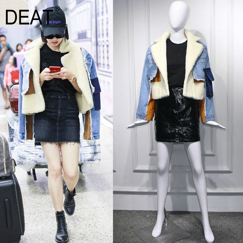 DEAT 2019 winter sheep fur turn-down collar full sleeves denim blue patchwork spliced clothes letters printed coat trench WJ1020