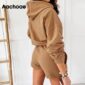 Aachoae Casual Solid Set Women Summer Autumn Batwing Long Sleeve Sports Hooded Hoodies And Loose Home Lady Shorts Outfit