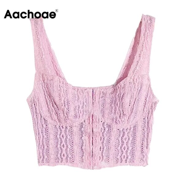 Aachoae Sexy Lace Tank Top Women Beige And Purple Color Holiday Cropped Tops Front Breasted See Through Party Short Cami Summer