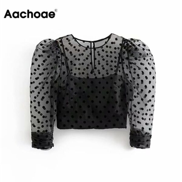 Aachoae Stylish Organza Polka Dots Women Blouse See-through Shirt Sexy Transparent Puff Sleeve Ladies Crop Tops Party Club Blusa