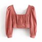 Aachoae Women Vintage Pink Cropped Blouses 2020 Lace Decorate Long Sleeve Pleated Cotton Blouse Chic Square Collar Stretch Shirt