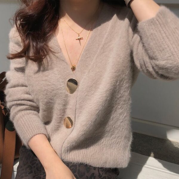 Women Short Wool Cardigan Cashmere Crop Sweater Solid Tops Winter Ladies V neck Jacket Female Loose Casual Thick Clothes korean